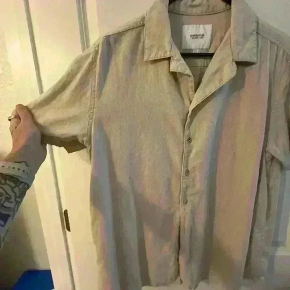 Plaid in Full Button up Cuban Shirt Tan medium - Picture 3 of 4